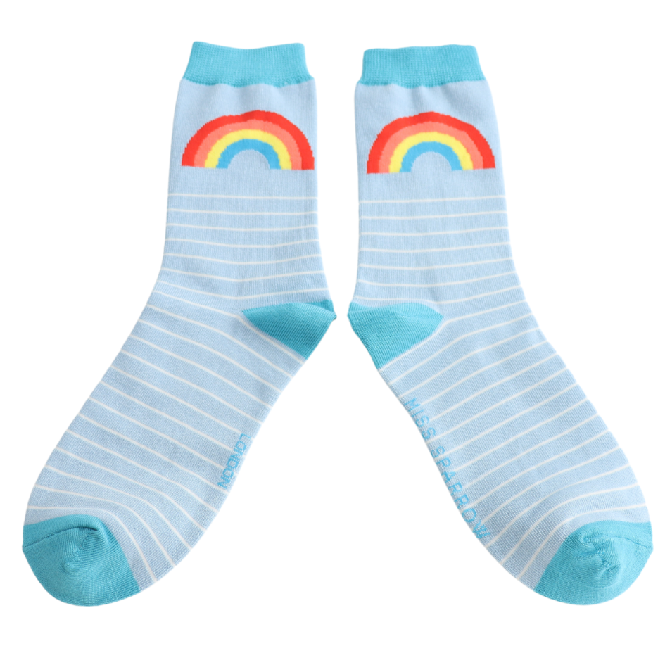 Ladies Bamboo Socks Rainbow And Stripes - Light Blue