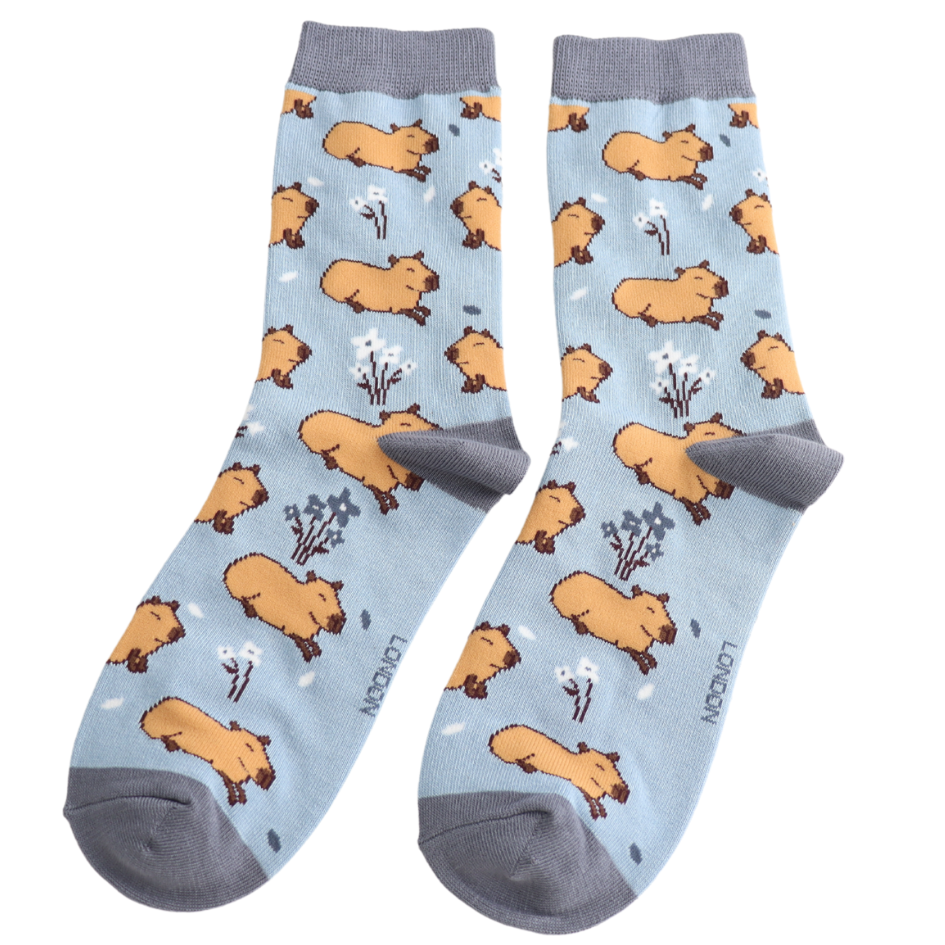 Ladies Bamboo Socks Cute Capybara - Blue