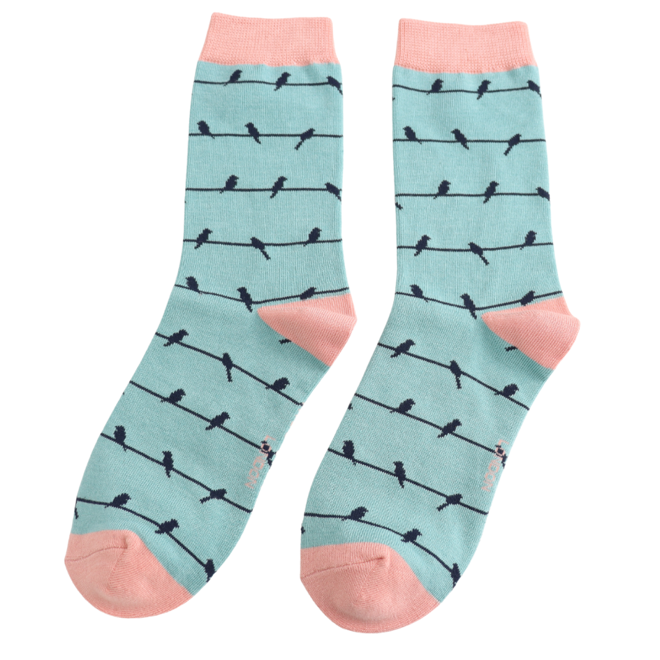 Ladies Bamboo Socks Birds On A Wire - Duck egg