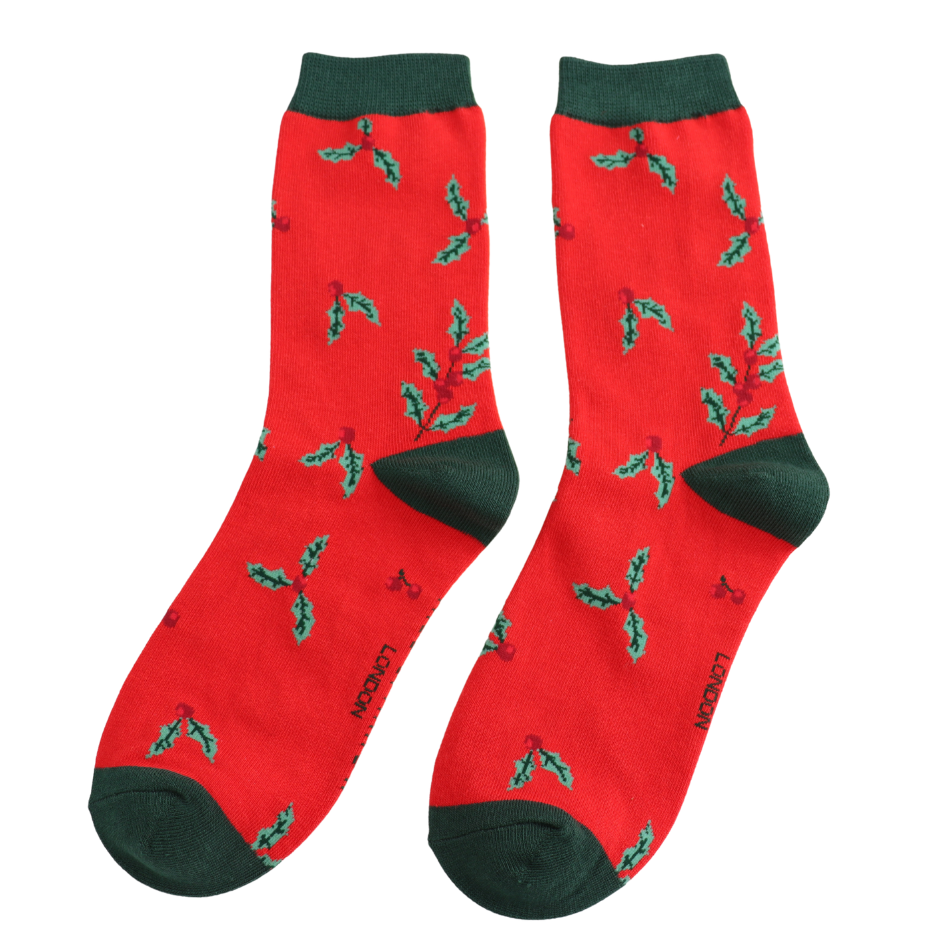 Ladies Bamboo Socks Red - Holly Sprigs