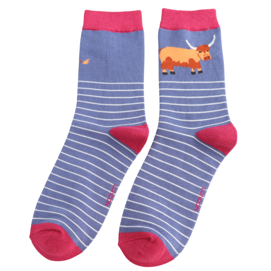 Ladies Bamboo Socks Highland Cow And Stripes