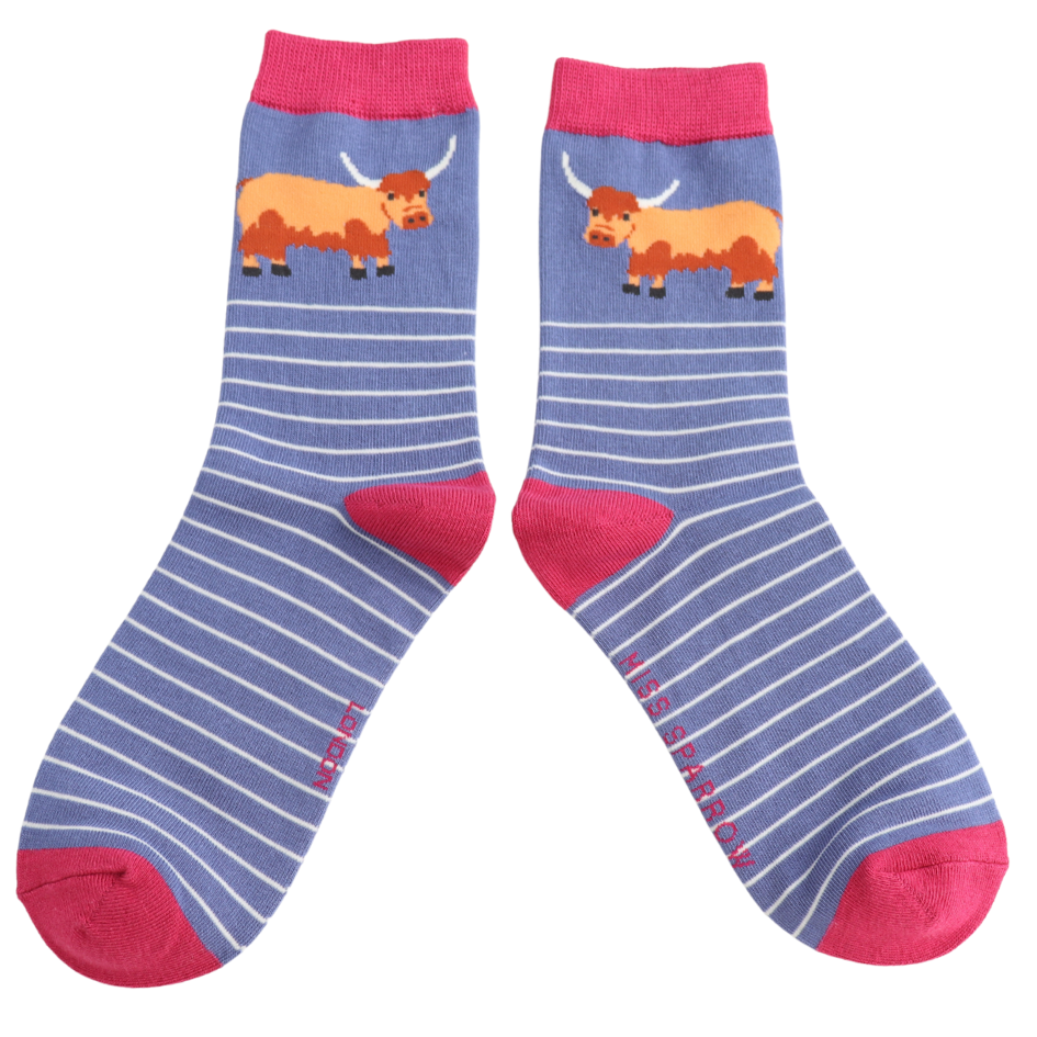 Ladies Bamboo Socks Highland Cow And Stripes