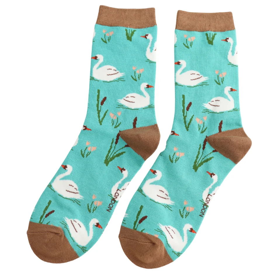 Ladies Bamboo Socks Swans - Aqua