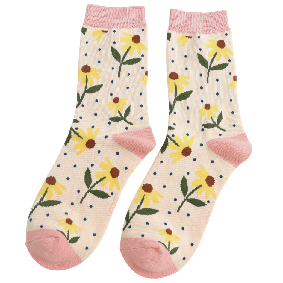 Ladies Bamboo Socks Sunflowers - Cream