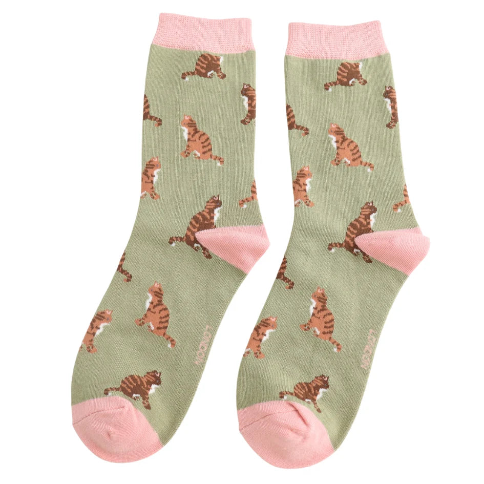 Ladies Bamboo Socks Tabby Cats - Olive