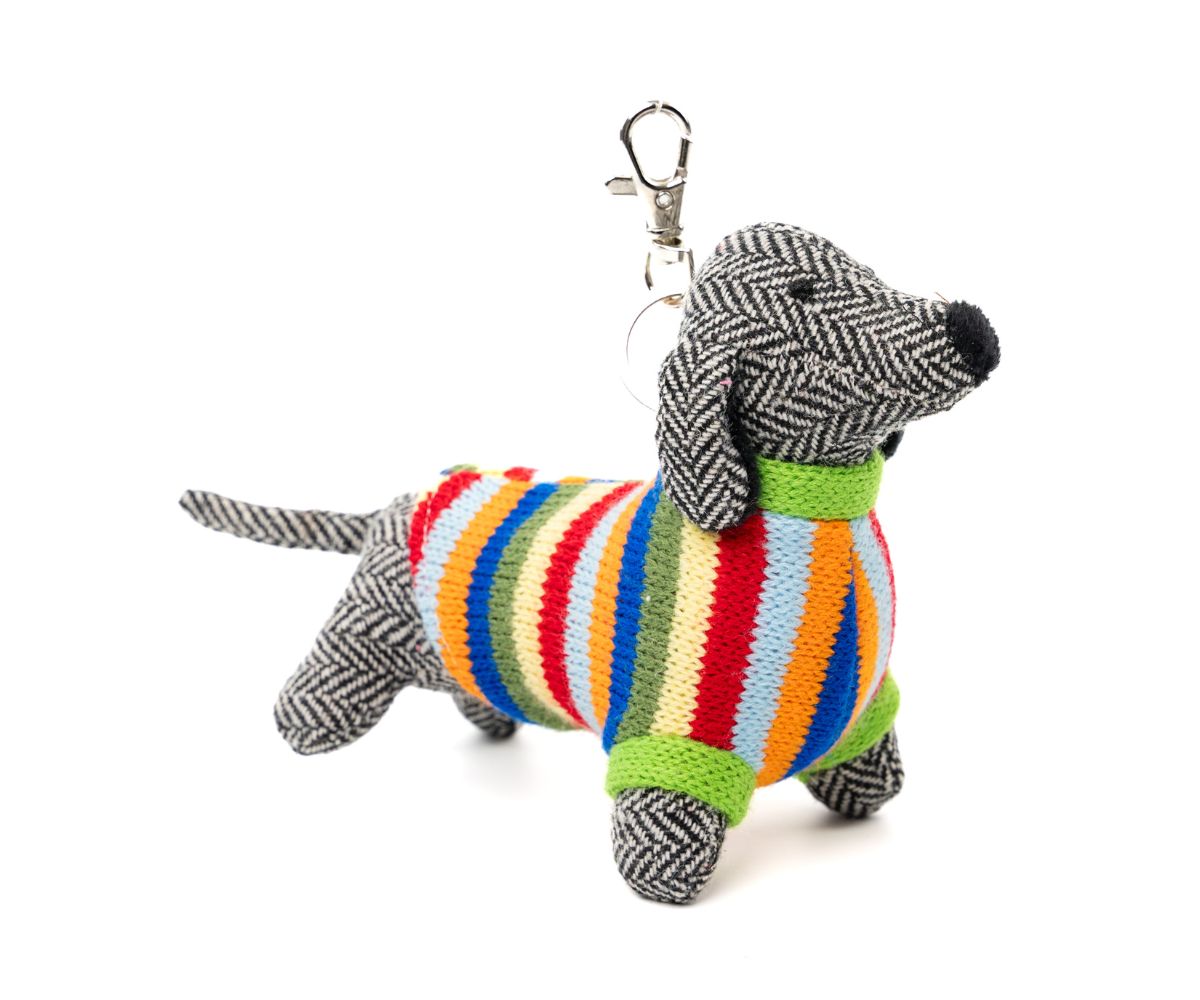 Tweed Sausage Dog Bag Charm - Rainbow Stripe Jumper