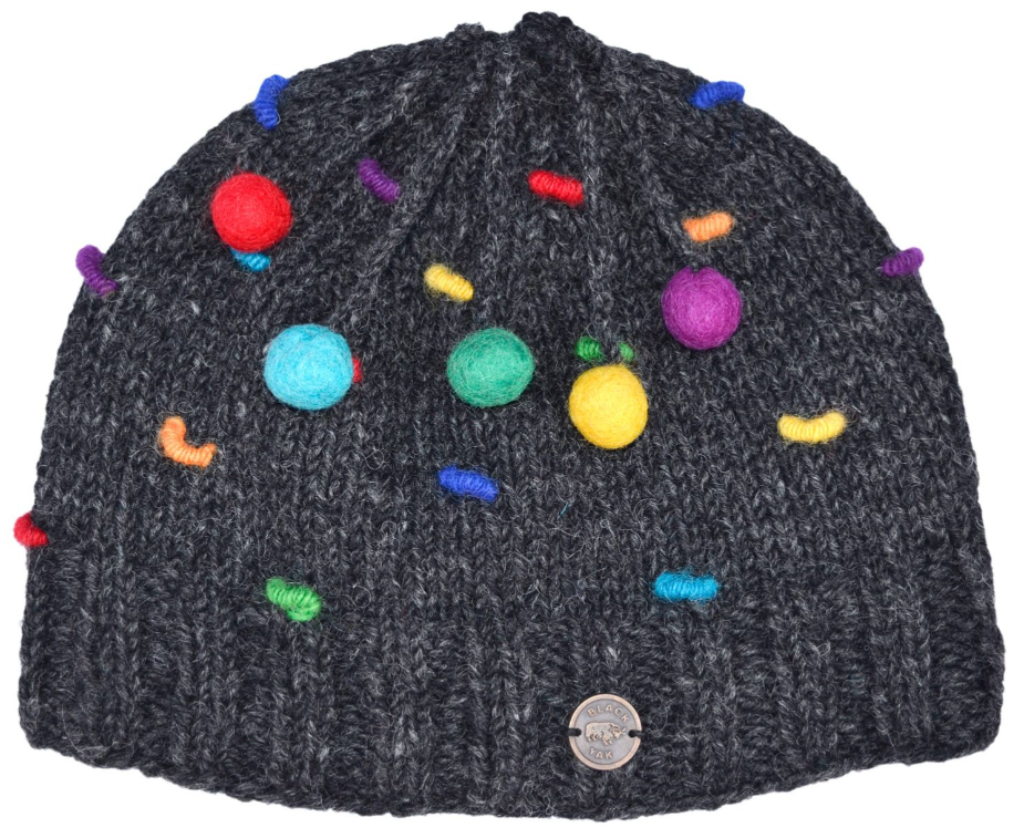 Pure Wool French Knot Beanie - Charcoal/Rainbow