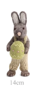 Grey Easter Bunny in Dungarees Holding An Easter Egg