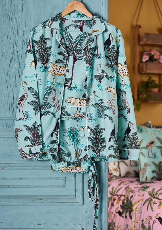 Cotton Jungle Print Pyjamas- Jade