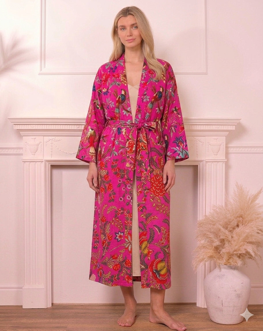 Waffle Cotton Screen Print Bathrobe - Pink