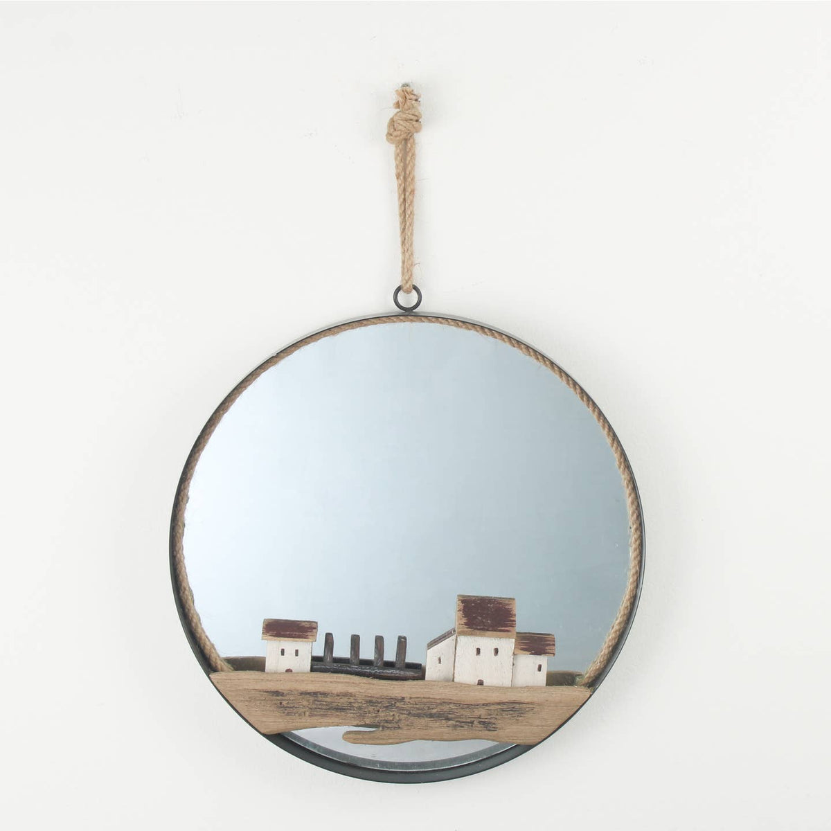 Round Harbour Scene Mirror with Rope Hanger