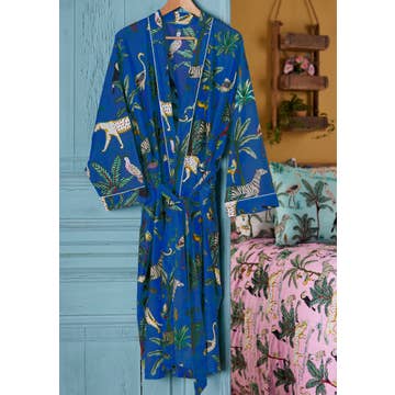 Cotton Dressing Gown - Blue Jungle Print