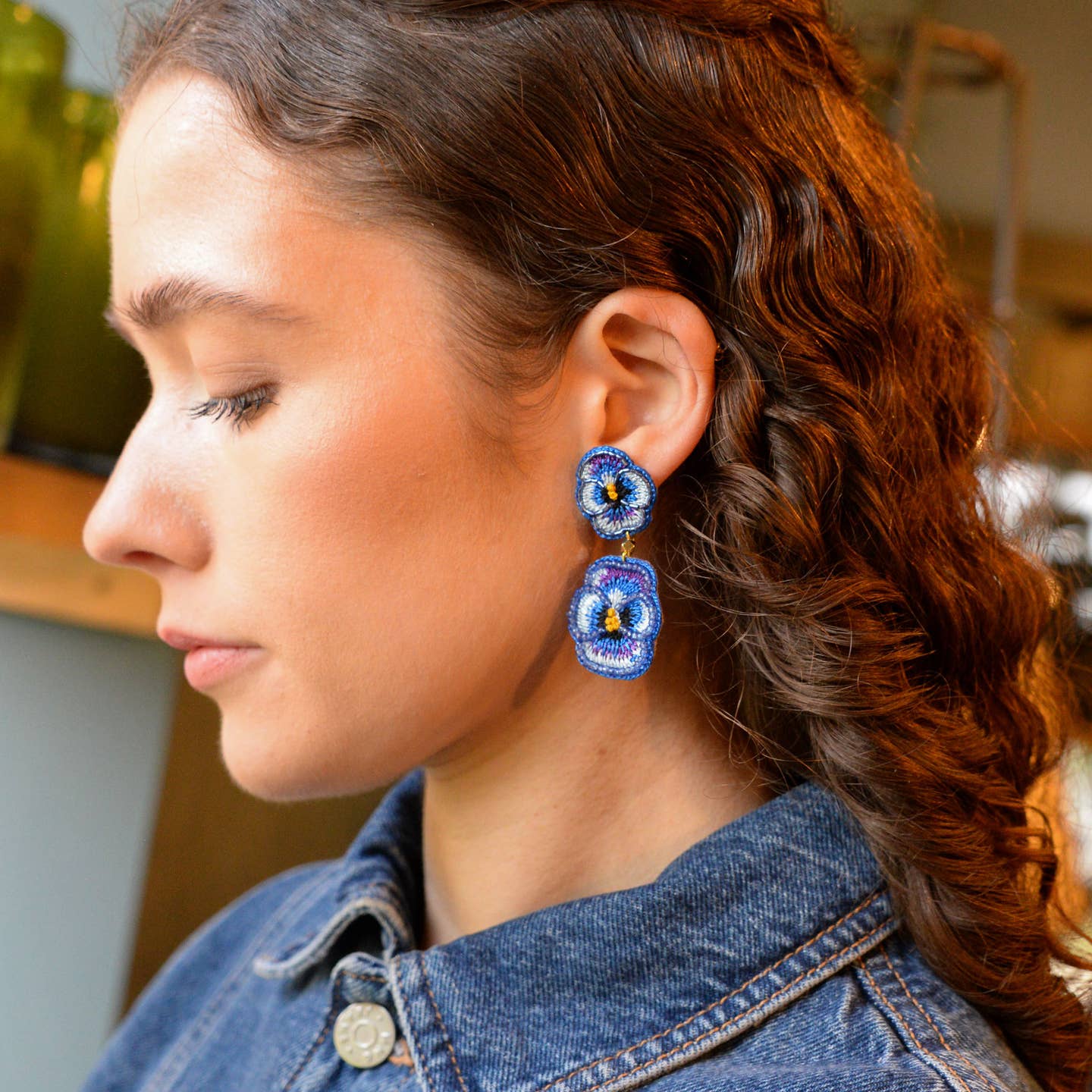 Dark Blue Pansy Double Drop Earrings