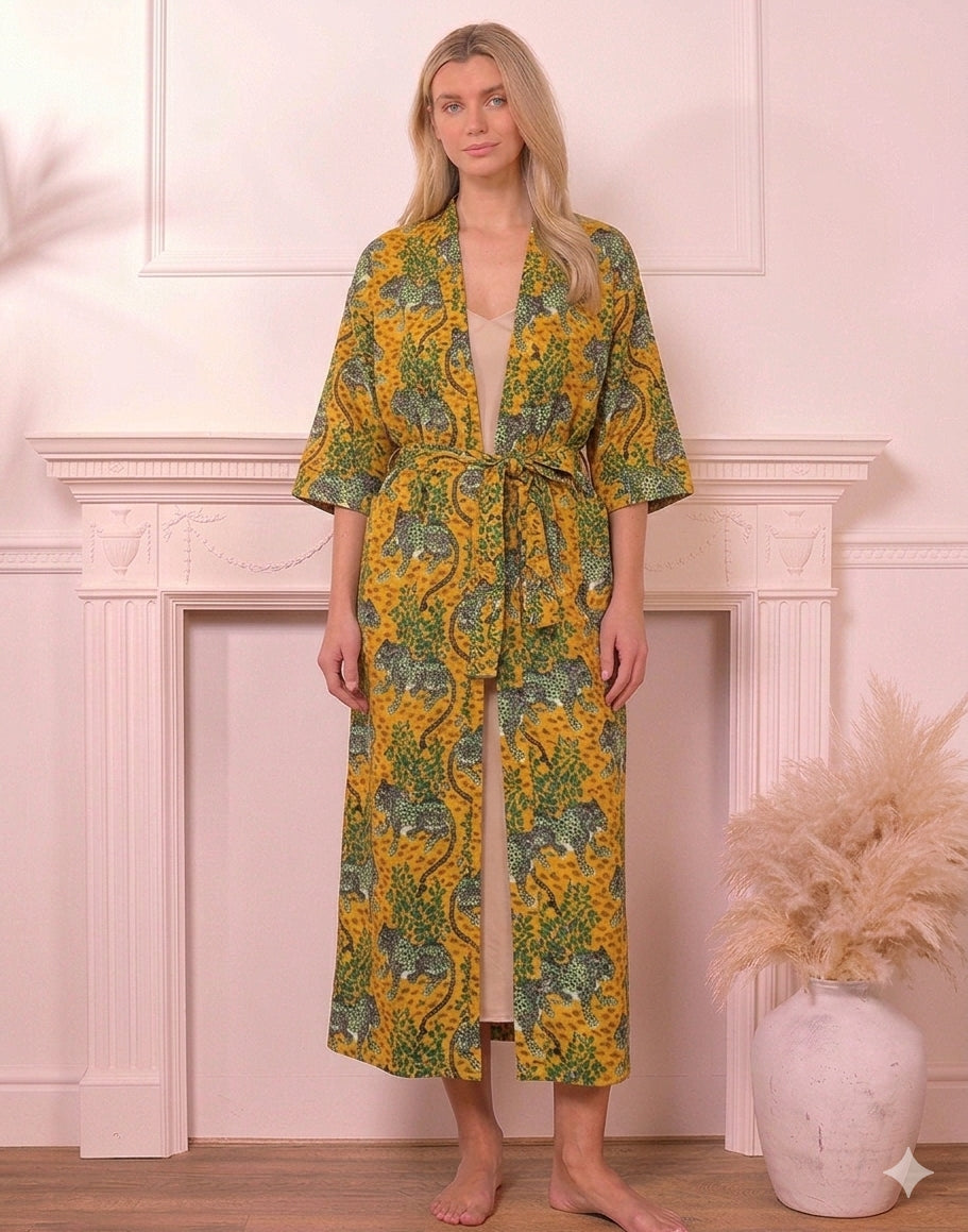 Waffle Cotton Screen Print Bathrobe - Yellow