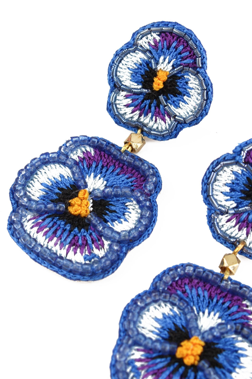 Dark Blue Pansy Double Drop Earrings