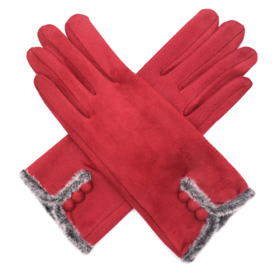 Winter Gloves - Dark Red With Faux Fur Trim