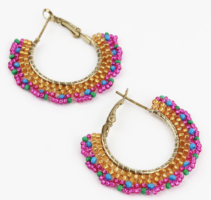 Gold And Blue Beaded Hoop Earrings