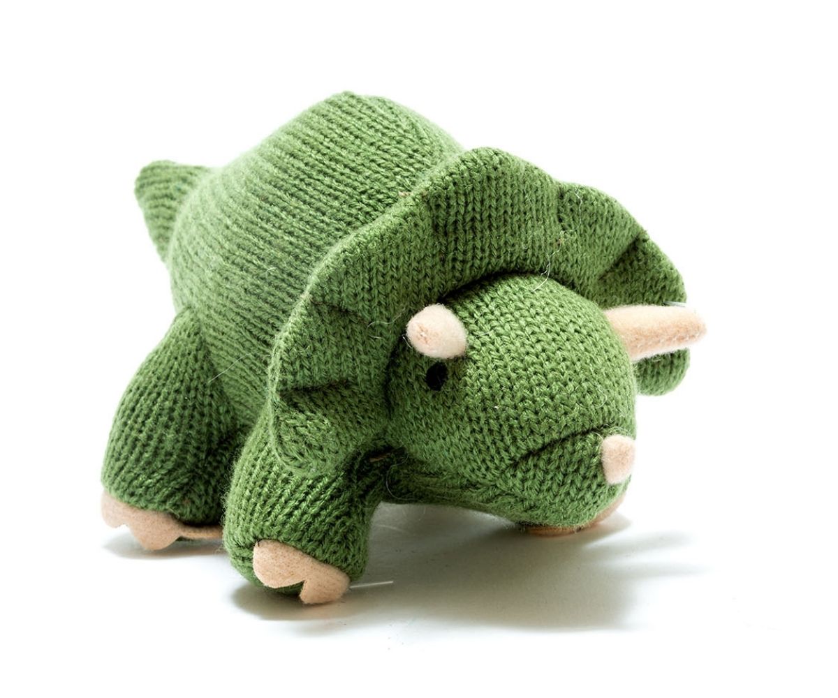Triceratops Knitted Rattle-  Moss Green