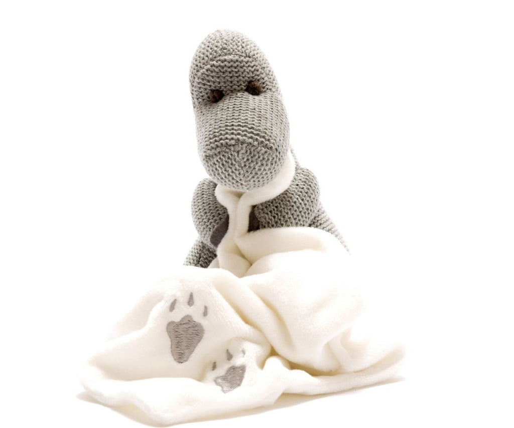Knitted Grey Diplodocus Soft Toy With Comfort Blanket