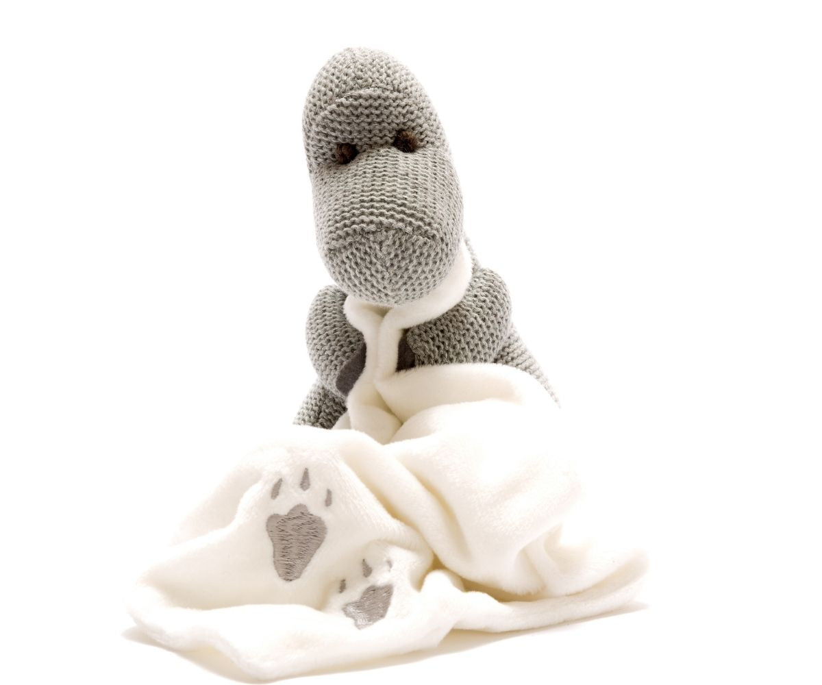 Knitted Grey Diplodocus Soft Toy With Comfort Blanket