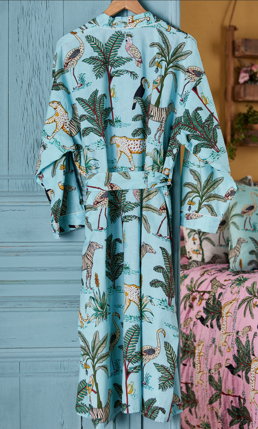 Cotton Dressing Gown - Jade Jungle Print