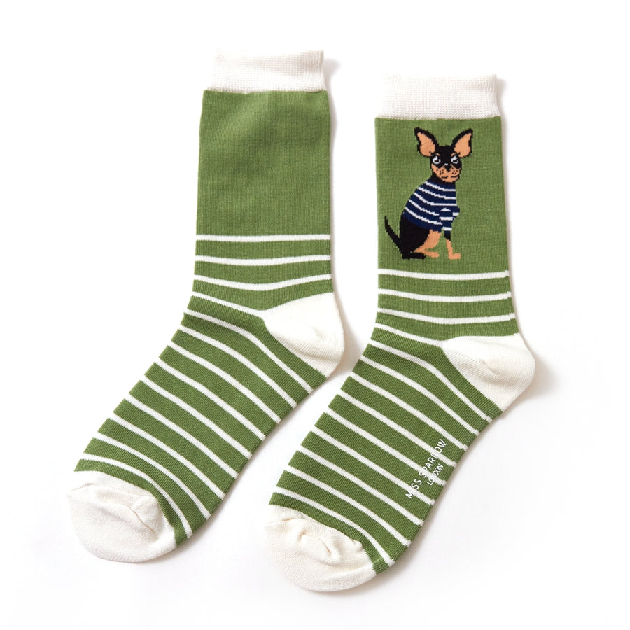 Ladies Bamboo Socks Chihuahua Stripes - Green