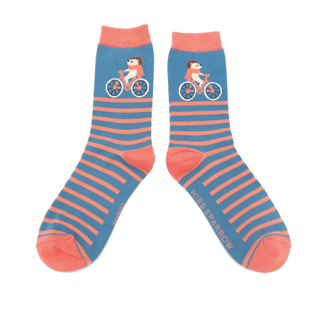 Ladies Bamboo Socks - Cycling Hedgehog Denim