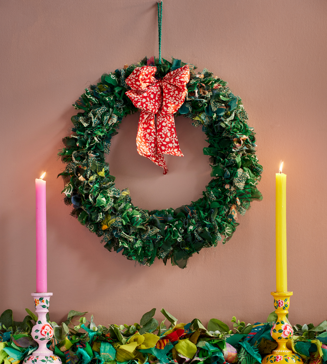 Recycled Sari Fabric Wreath - Large Green