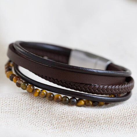 Leather And Tiger Eye Bead Bracelet