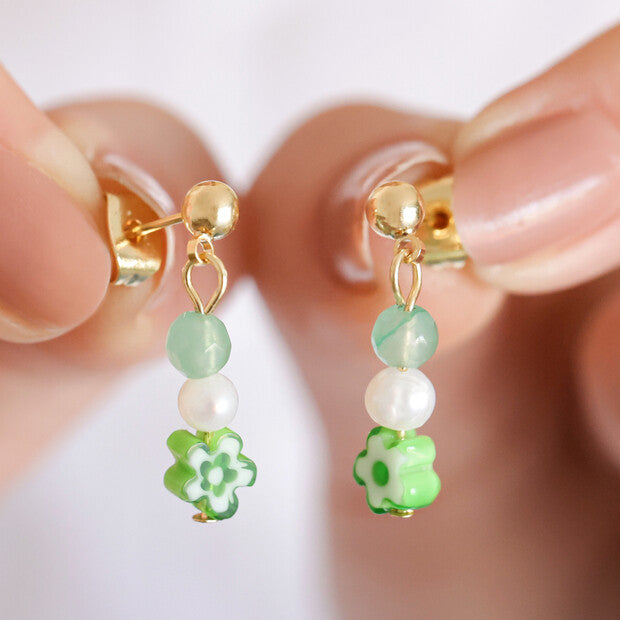 Green Millefiori Flower Bead Drop Earrings
