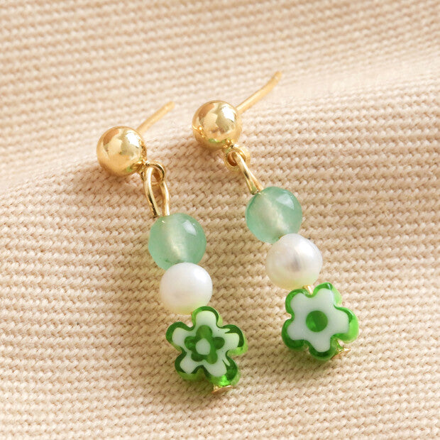Green Millefiori Flower Bead Drop Earrings