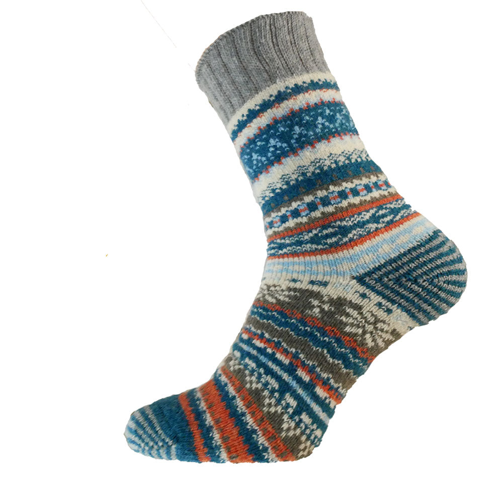 Men's Blue, Grey And Orange Nordic Patterned Wool Blend Socks
