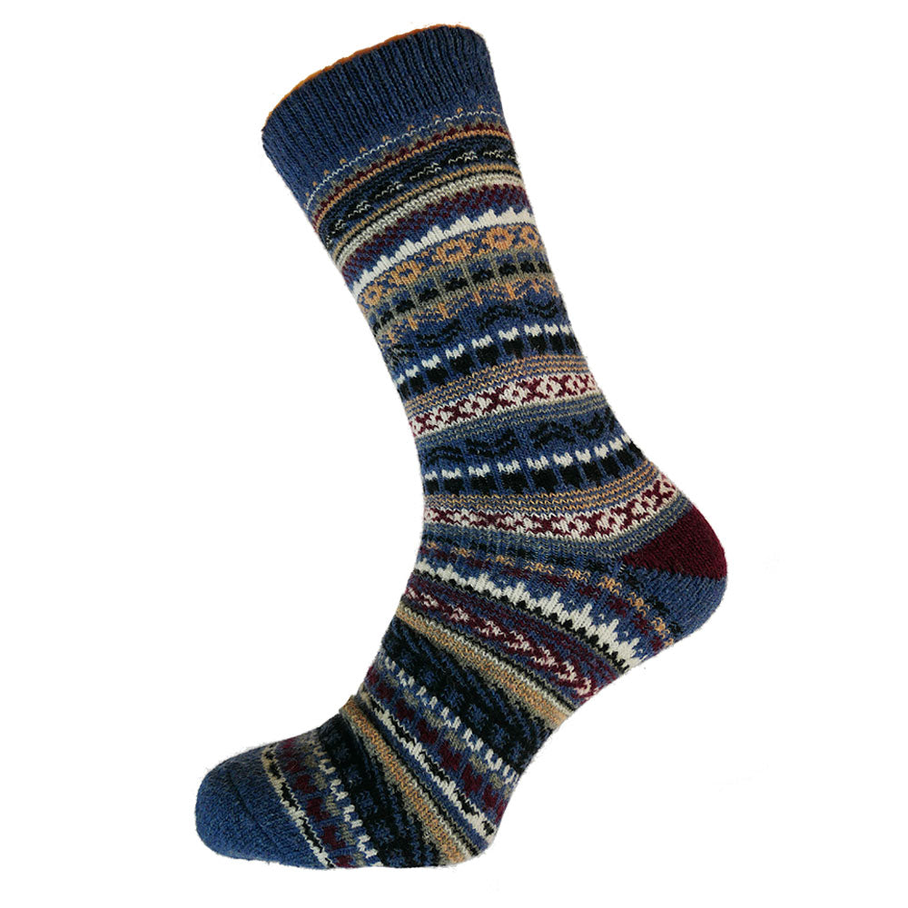 Men's Light blue, black and burgundy Nordic patterned wool blend socks