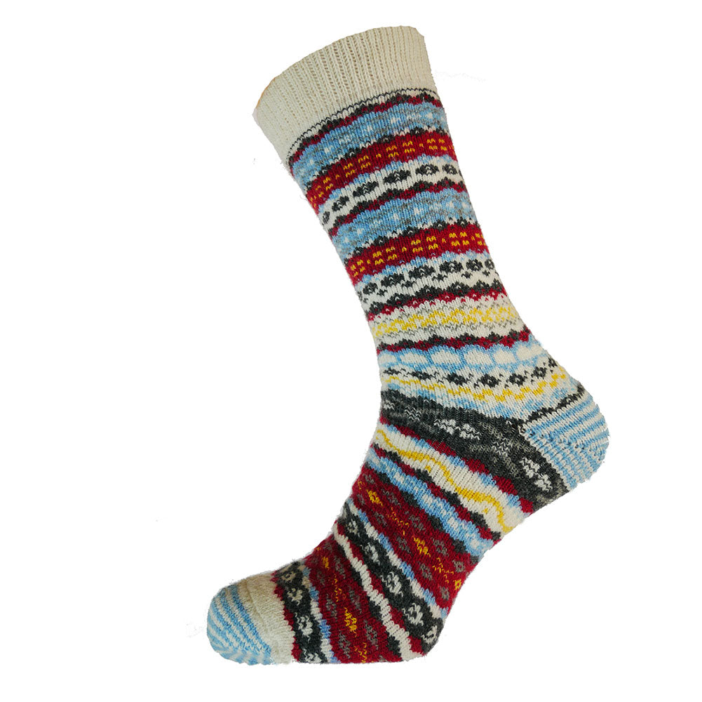 Men's Pale blue, red and white Nordic patterned wool blend socks