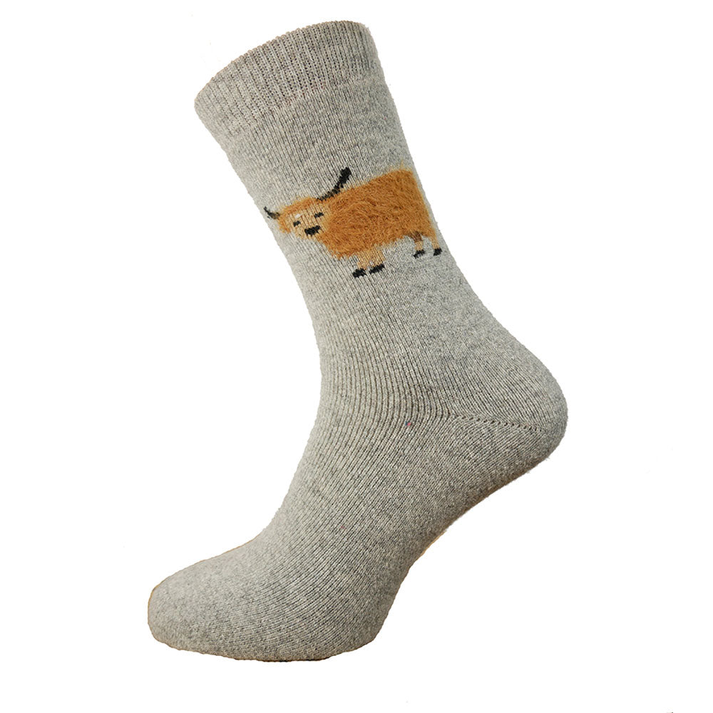 Men's Highland Cow Wool Blend Socks -  Grey