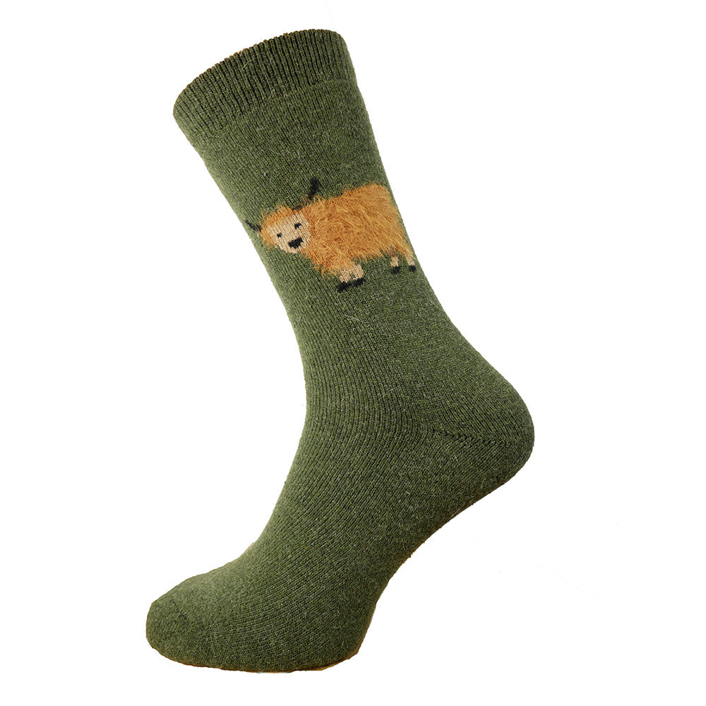 Men's Highland Cow Wool Blend Socks -  Green