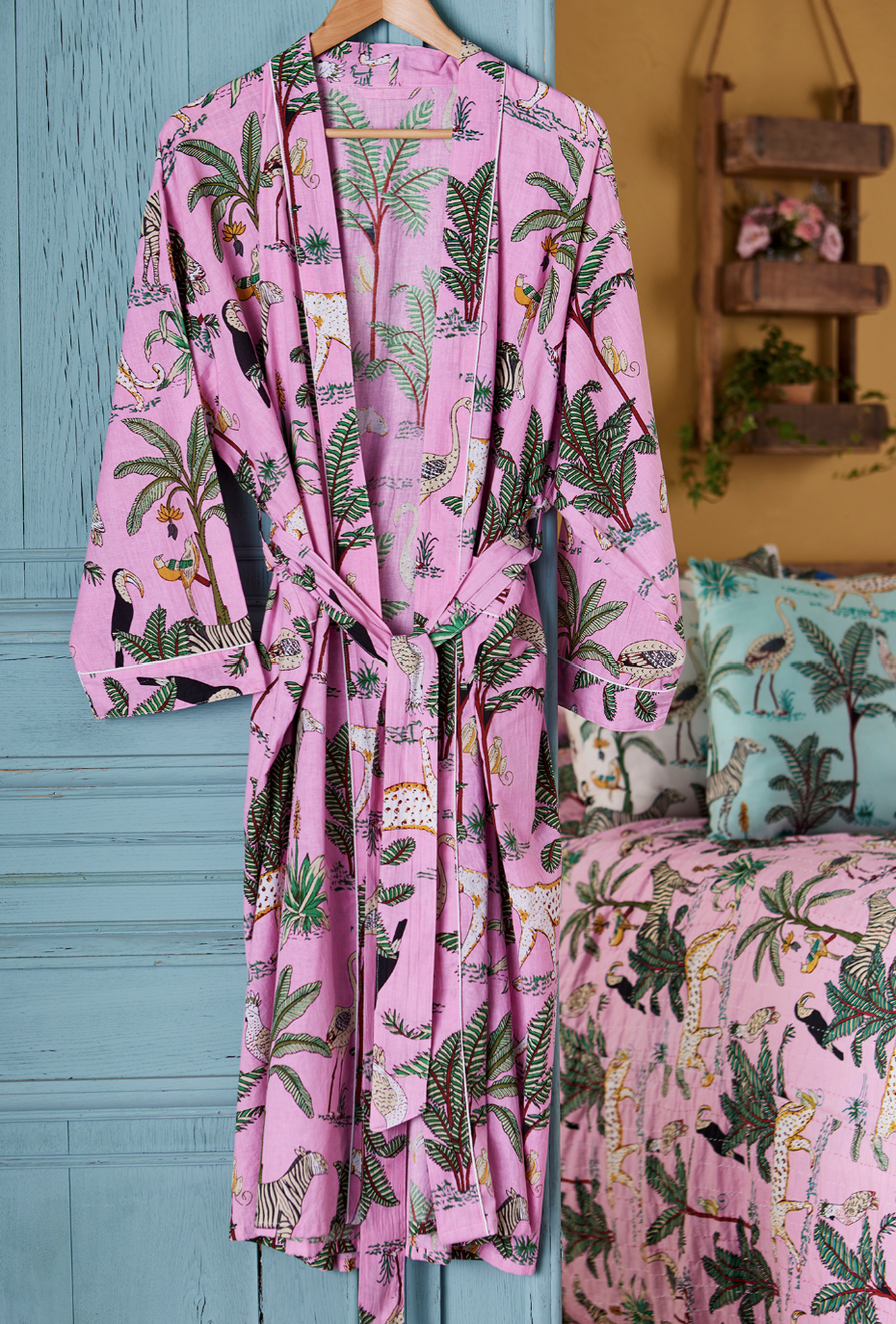 Cotton Dressing Gown - Pink Jungle Print