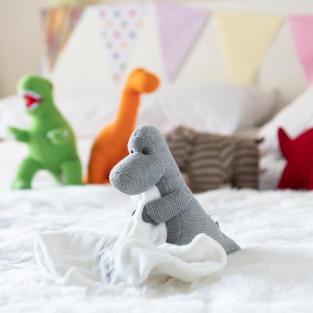Knitted Grey Diplodocus Soft Toy With Comfort Blanket