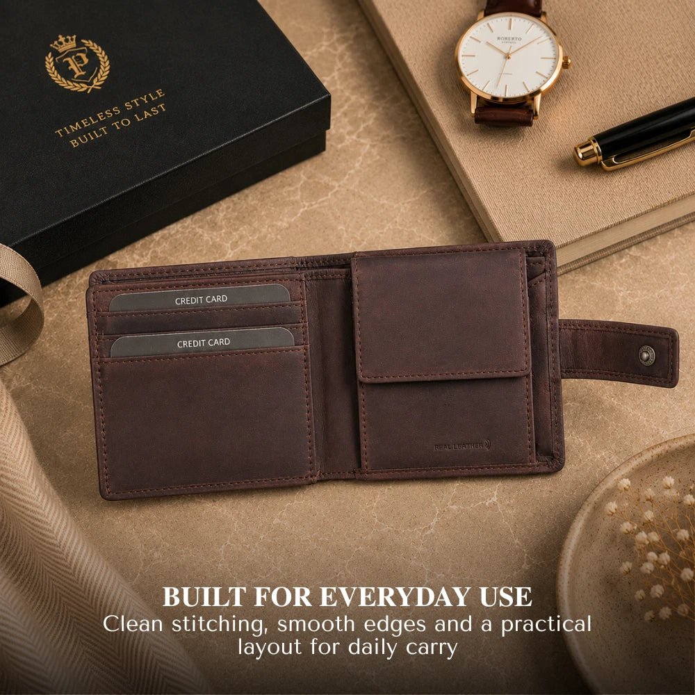 Real Leather RFID Trifold Wallet Coin Pocket ID Window 6 Card Slots