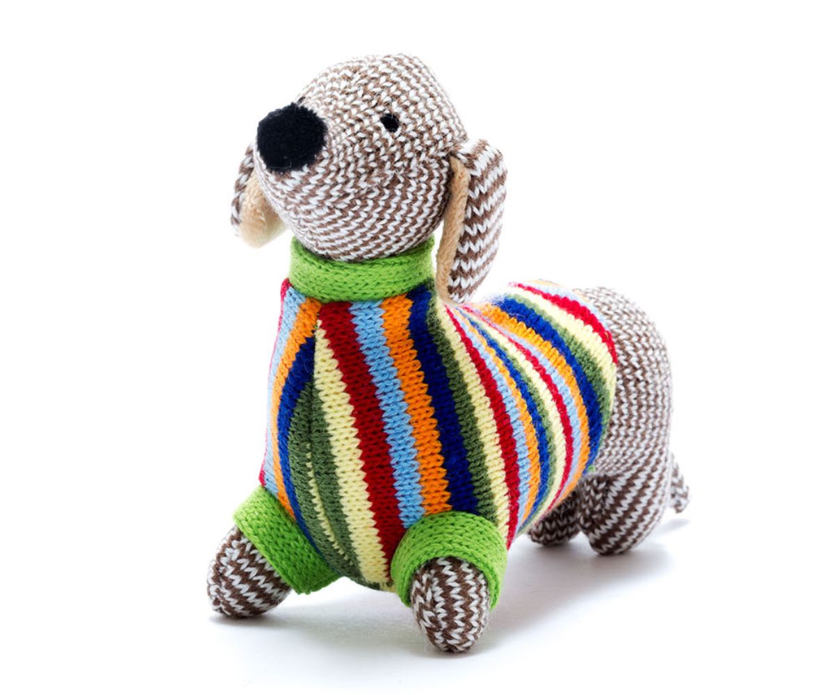 Sausage Dog Baby Rattle - Rainbow Stripe Jumper