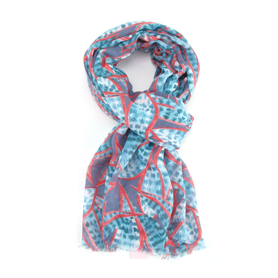 Light weight Scarf With A Watercolour Leaves Design - Denim & Teal