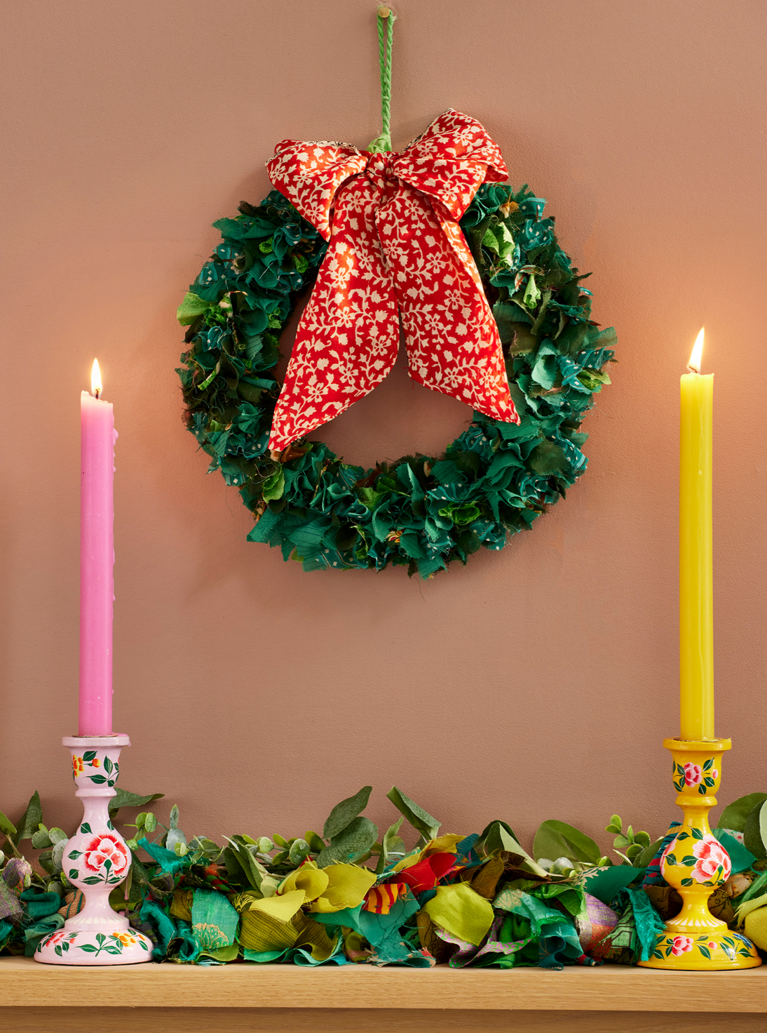 Recycled Sari Fabric Wreath - Green