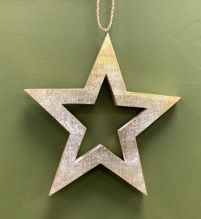Star In A Star Wooden Hanging Decoration - White/Gold