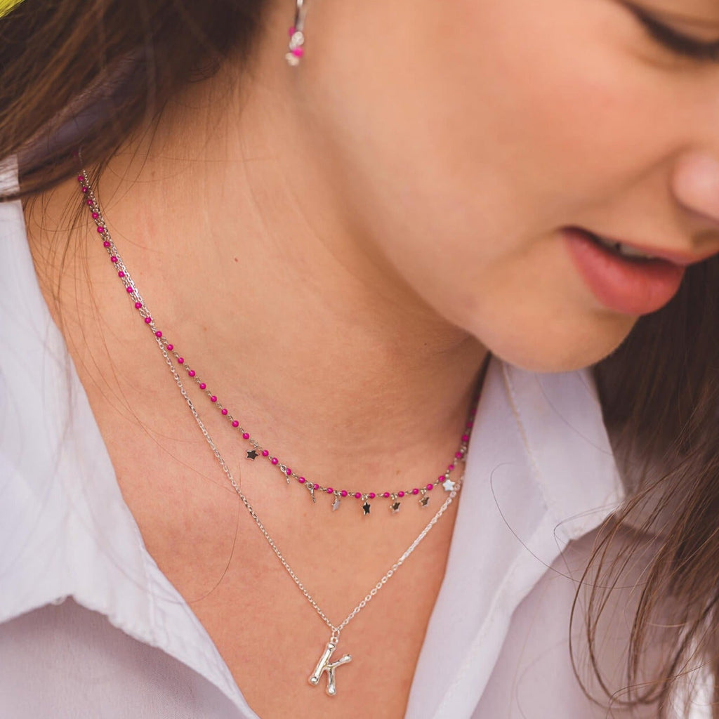 Pink Enamel And Silver Starry Necklace