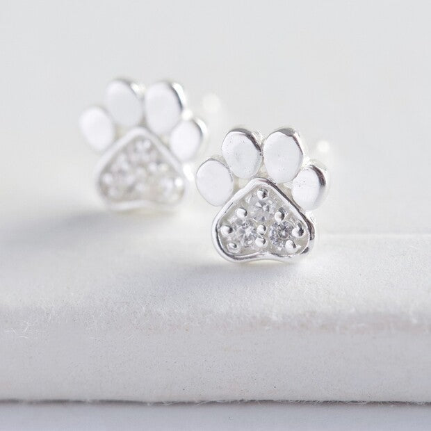 Sterling Silver and Crystal Paw Stud Earrings