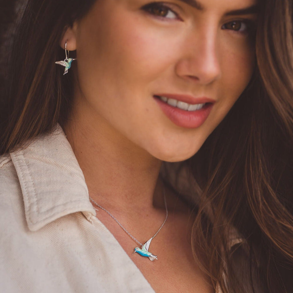 Hummingbird Necklace In Sterling Silver With Blue Enamel