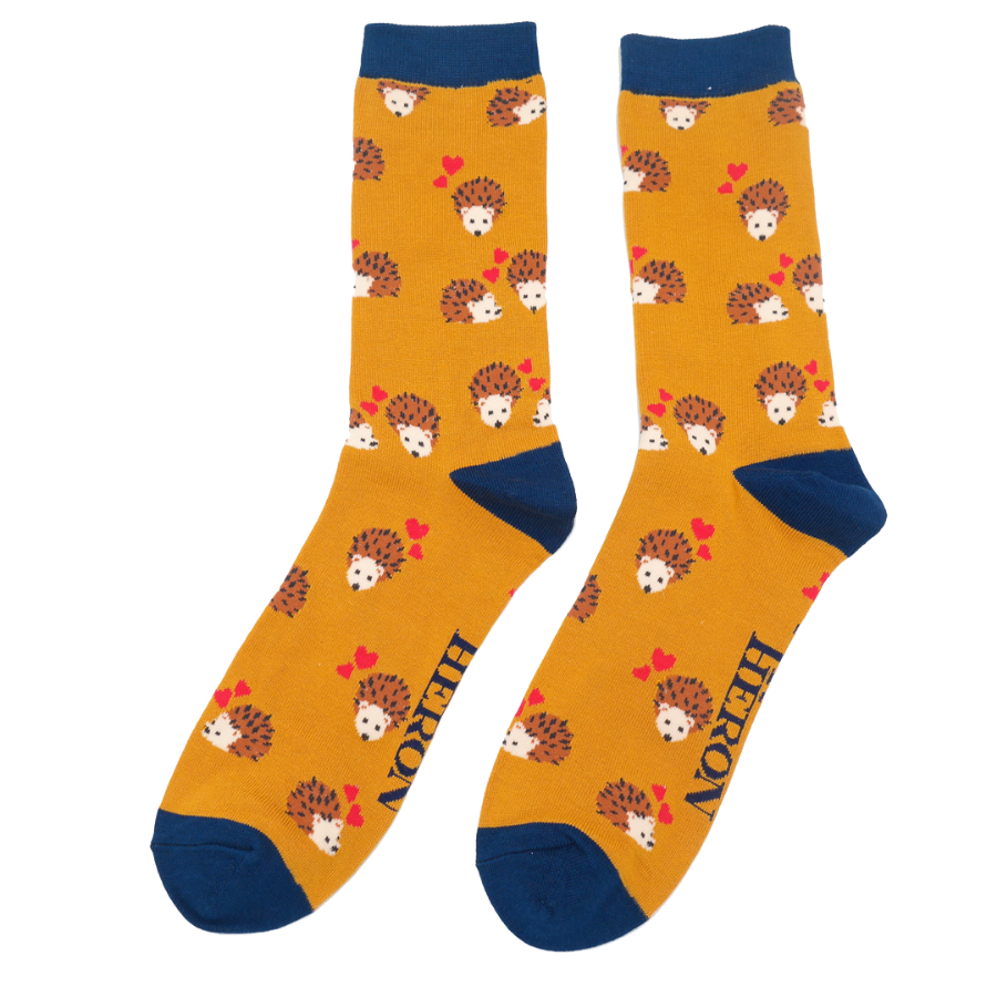 Men's Bamboo Socks Hearts And Hedgehogs - Mustard