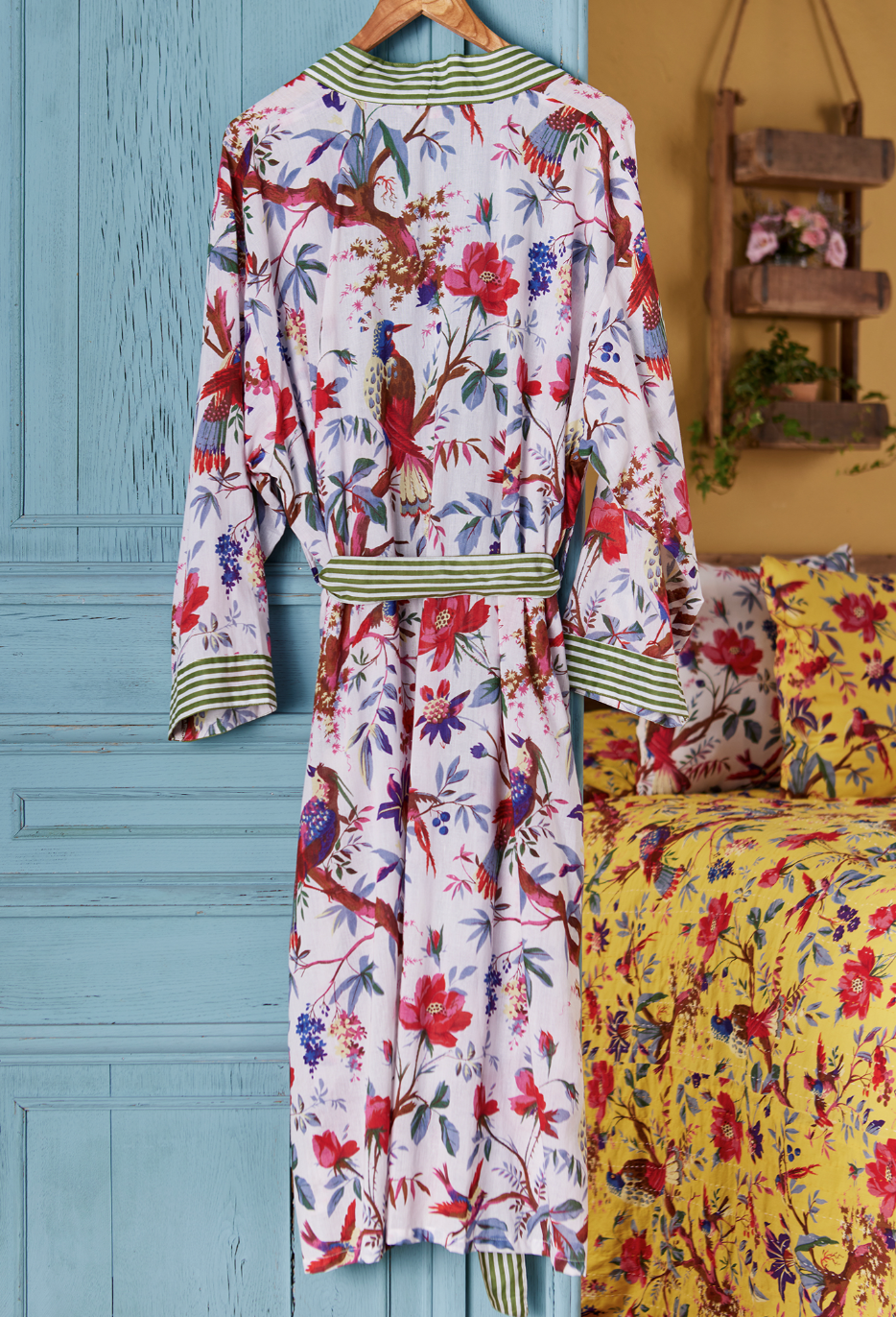 Cotton Dressing Gown - Bird Of Paradise White
