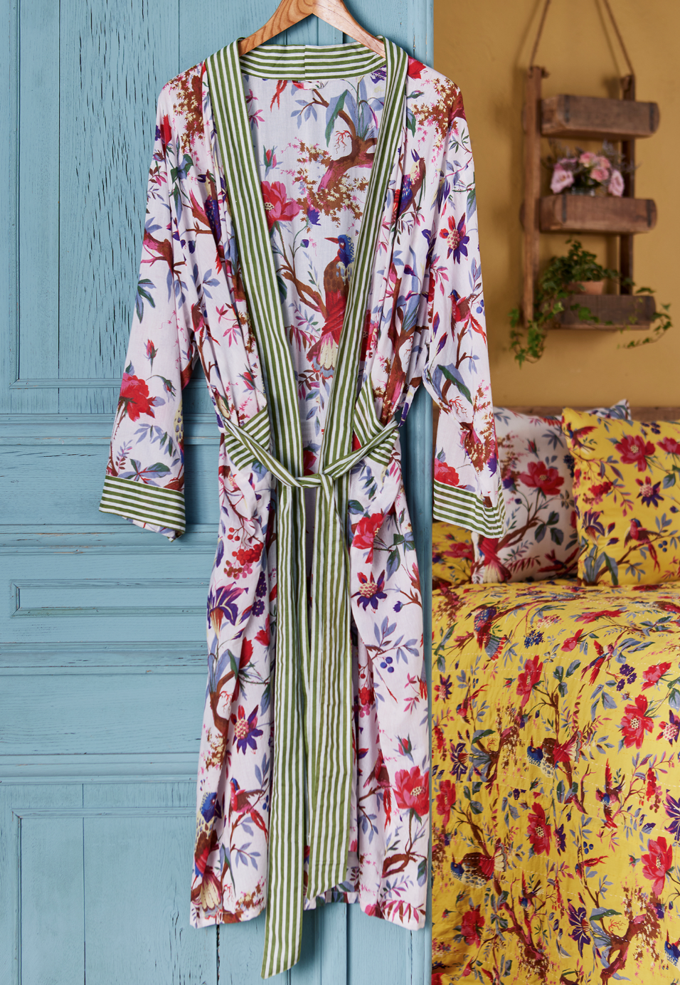 Cotton Dressing Gown - Bird Of Paradise White