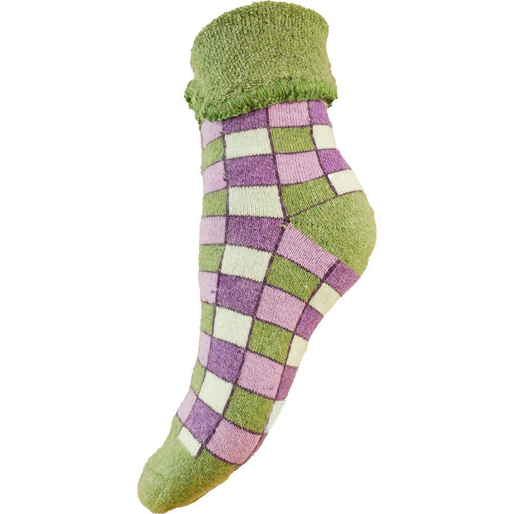 Ladies Cuff Sock -Green And Cream Check